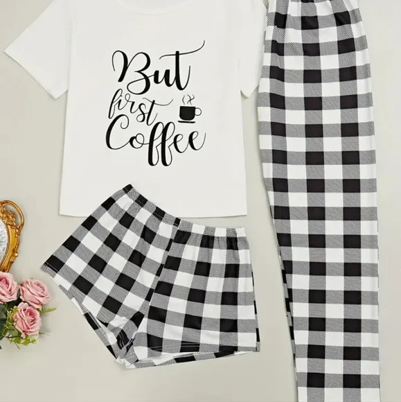 🤍🖤NEW🤍🖤SO CUTE!! Coffee Plaid 3PC Pajama Set - Picture 5 of 5